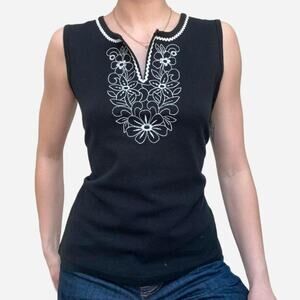 Cotton blend black tank with stitched floral embroidery - size small petite